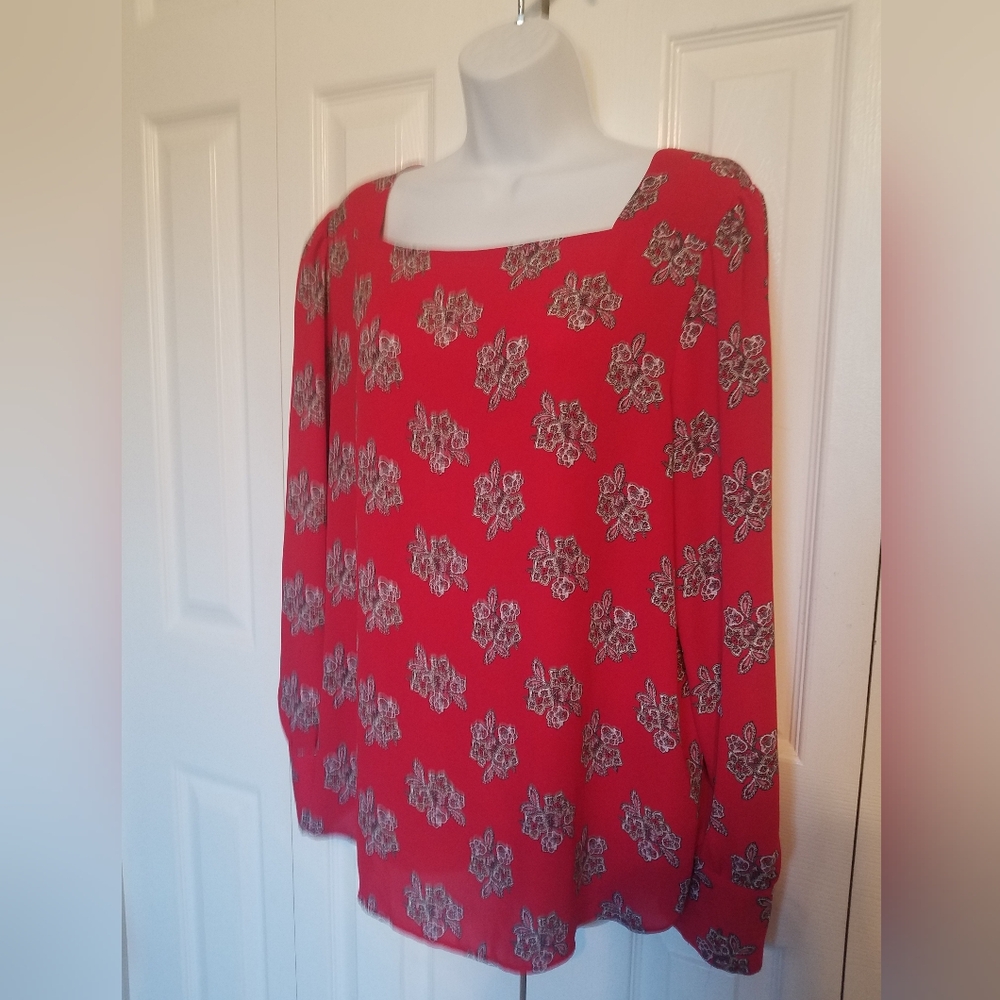LOFT Red Boxy Long Sleeve Blouse